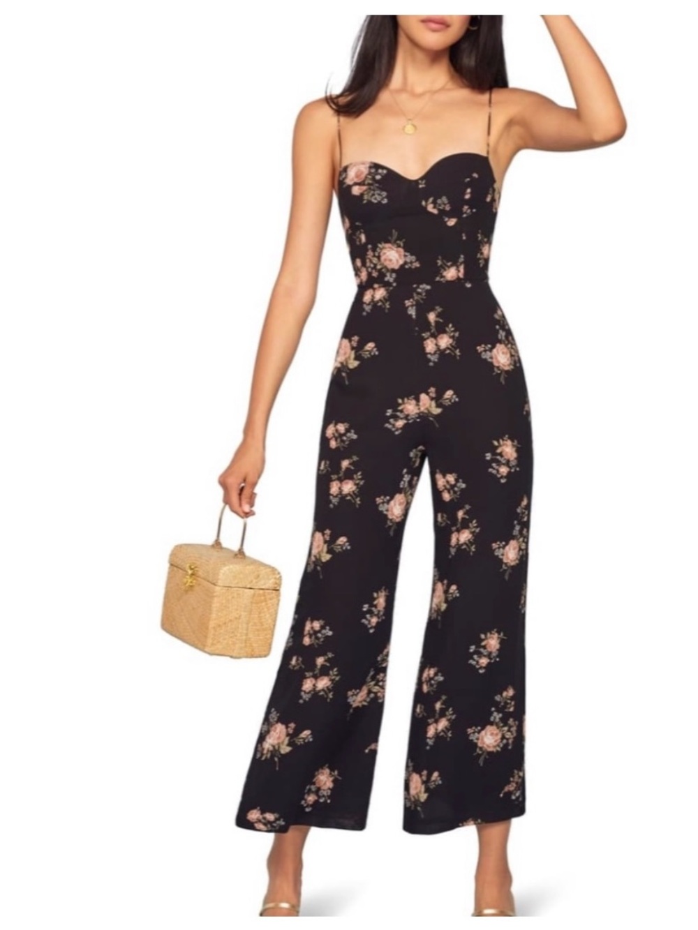 Reformation Black Floral Sweetheart Jumpsuit with Pink Roses